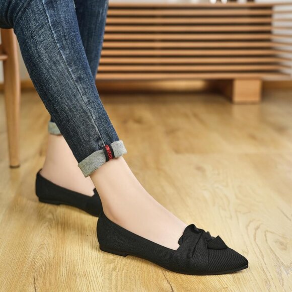 Women's Black Pointed Toe Ballet Flats with Bow Comfortable Knit Dressy Flats - Picture 7 of 8